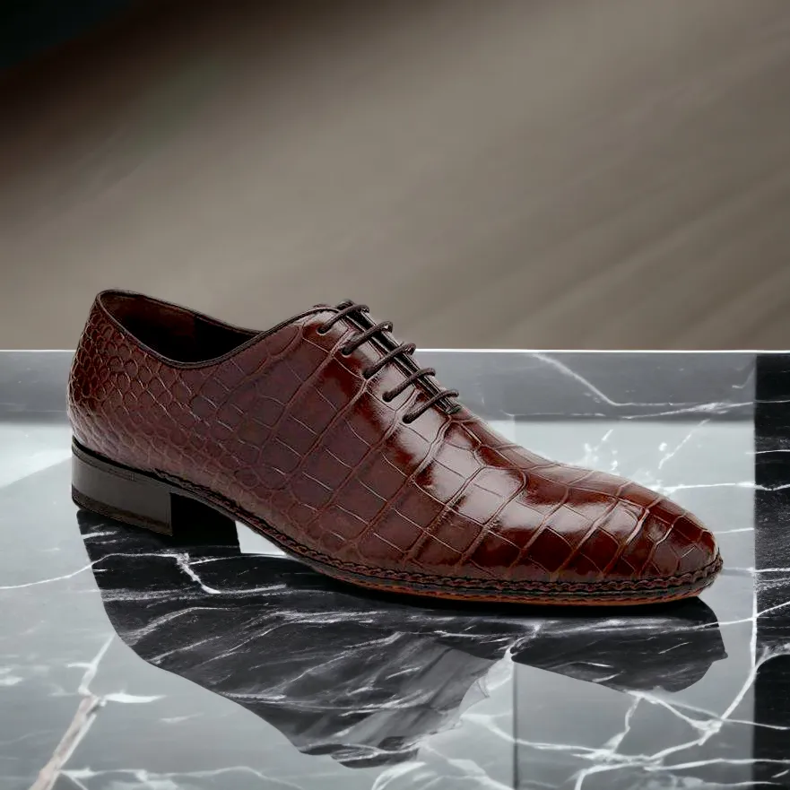 Caporicci 2542 Men's Luxury Italian Designer Shoes Castagno Brown Exotic Alligator Oxfords (CAP1112)
