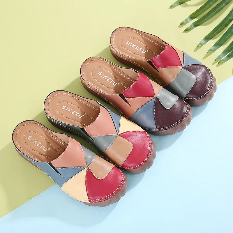 Color Block Flat Mules Wide Toe Box Shoes