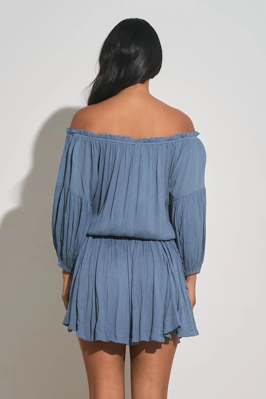 Elan Smokey Blue Off the Shoulder Mini Dress