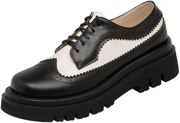 Elbslutt Oxford Shoes for Women Platform Oxfords for Women Chunky Heel Lace-Up Vintage Wingtips Round Toe Patent Leather Brogues Casual Oxfords Loafers for Girls Ladies Women
