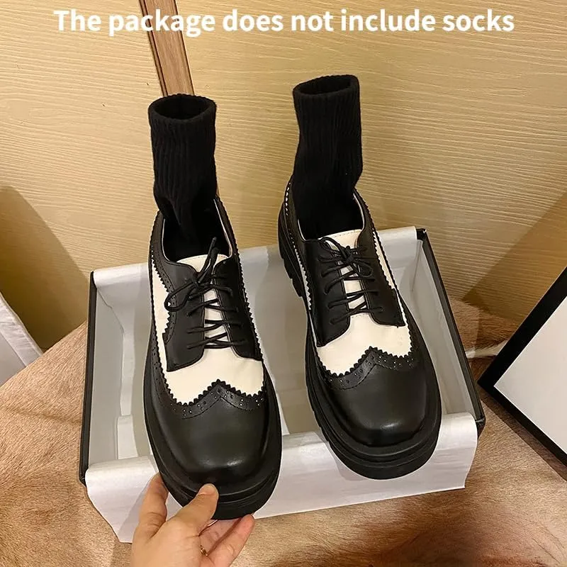 Elbslutt Oxford Shoes for Women Platform Oxfords for Women Chunky Heel Lace-Up Vintage Wingtips Round Toe Patent Leather Brogues Casual Oxfords Loafers for Girls Ladies Women