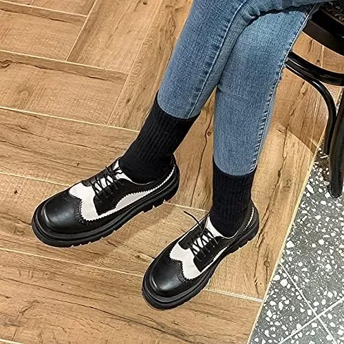 Elbslutt Oxford Shoes for Women Platform Oxfords for Women Chunky Heel Lace-Up Vintage Wingtips Round Toe Patent Leather Brogues Casual Oxfords Loafers for Girls Ladies Women