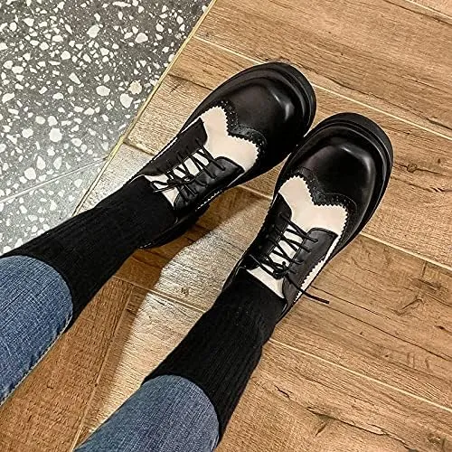 Elbslutt Oxford Shoes for Women Platform Oxfords for Women Chunky Heel Lace-Up Vintage Wingtips Round Toe Patent Leather Brogues Casual Oxfords Loafers for Girls Ladies Women