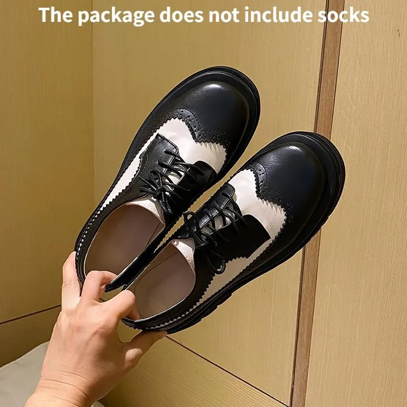 Elbslutt Oxford Shoes for Women Platform Oxfords for Women Chunky Heel Lace-Up Vintage Wingtips Round Toe Patent Leather Brogues Casual Oxfords Loafers for Girls Ladies Women