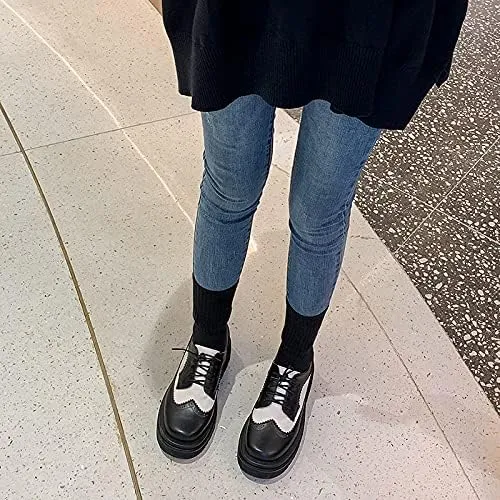 Elbslutt Oxford Shoes for Women Platform Oxfords for Women Chunky Heel Lace-Up Vintage Wingtips Round Toe Patent Leather Brogues Casual Oxfords Loafers for Girls Ladies Women
