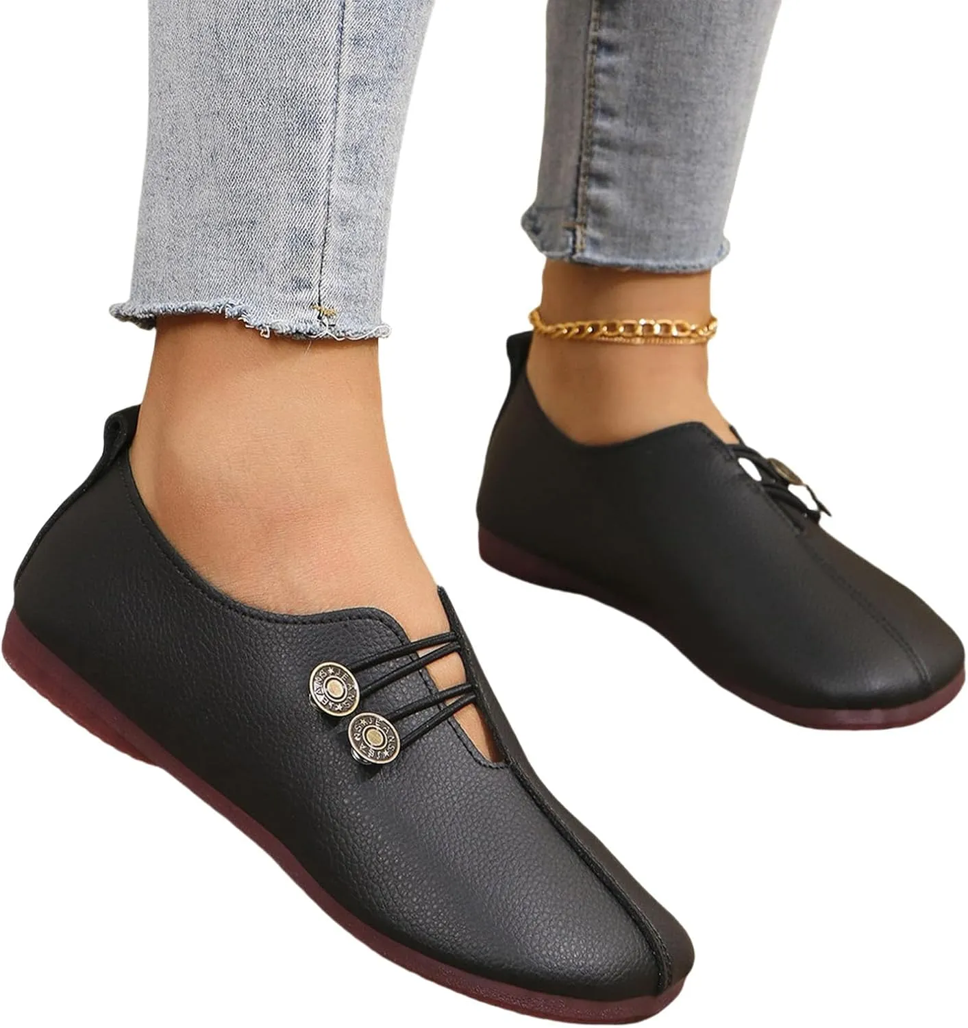 Flats Shoes Women Comfortable Fashion Round Toe Flats Casual Dressy Ballet Flat Shoes Lightweight Soft Non Slip Business Work Loafer Elegant Slip On Loafers with Button
