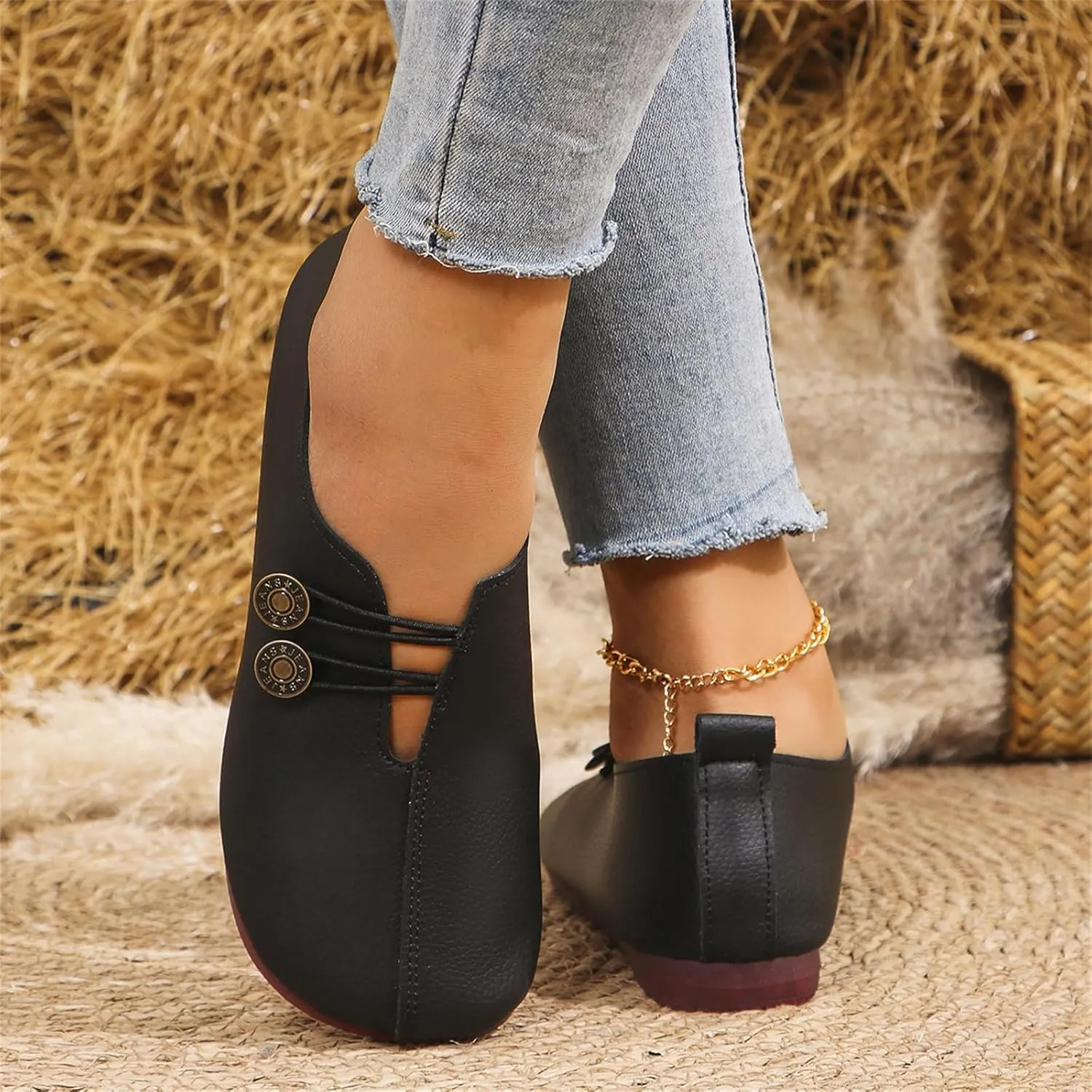 Flats Shoes Women Comfortable Fashion Round Toe Flats Casual Dressy Ballet Flat Shoes Lightweight Soft Non Slip Business Work Loafer Elegant Slip On Loafers with Button
