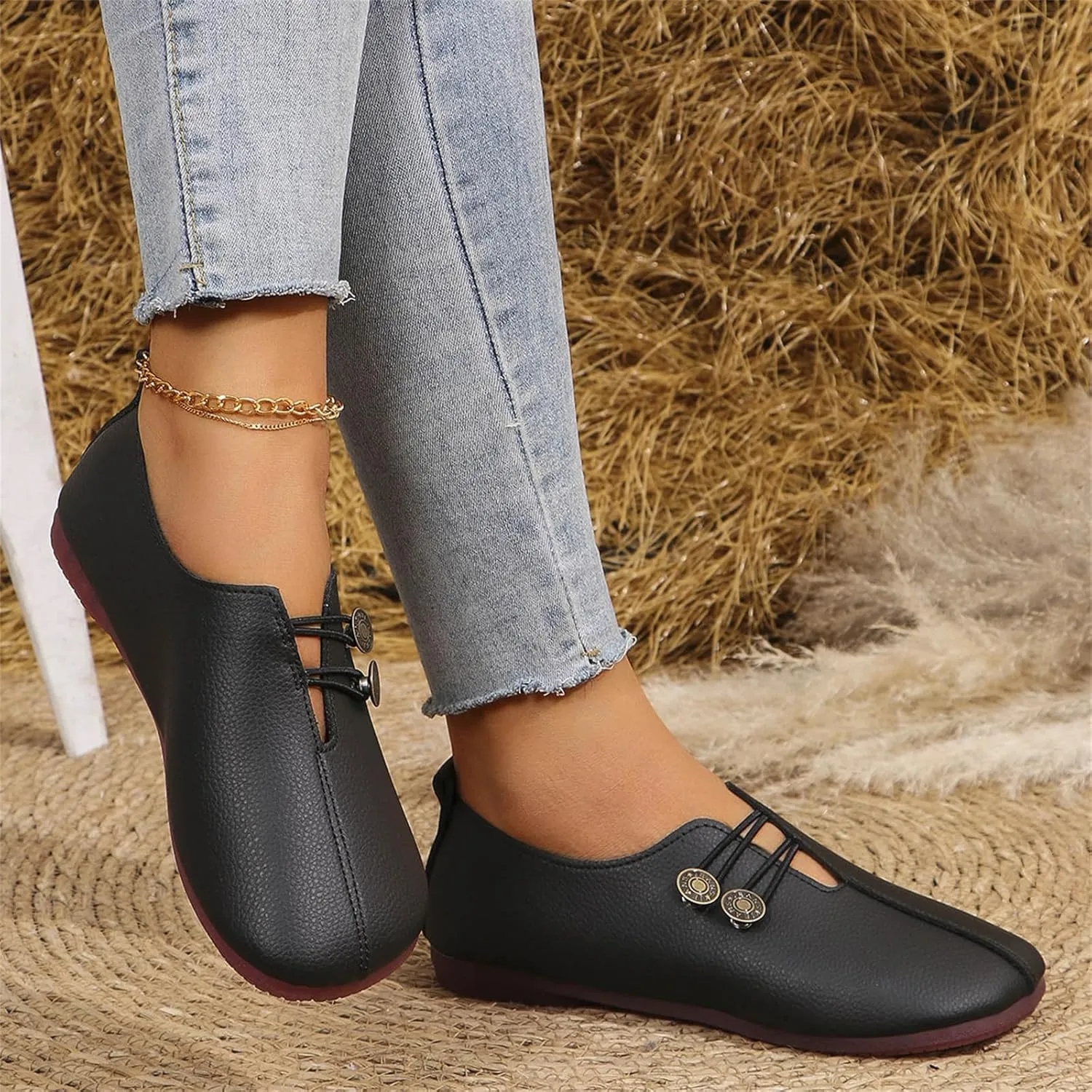 Flats Shoes Women Comfortable Fashion Round Toe Flats Casual Dressy Ballet Flat Shoes Lightweight Soft Non Slip Business Work Loafer Elegant Slip On Loafers with Button