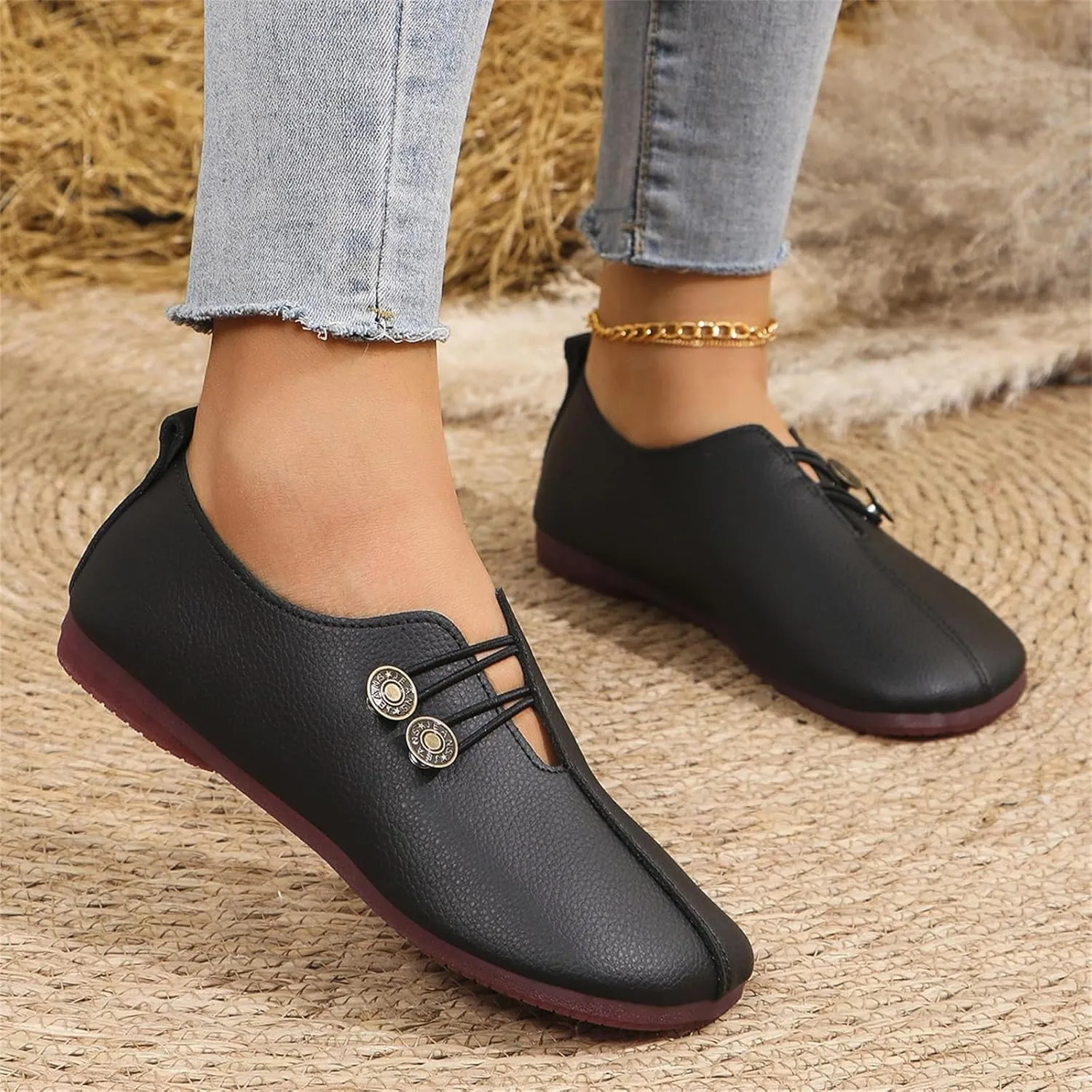 Flats Shoes Women Comfortable Fashion Round Toe Flats Casual Dressy Ballet Flat Shoes Lightweight Soft Non Slip Business Work Loafer Elegant Slip On Loafers with Button