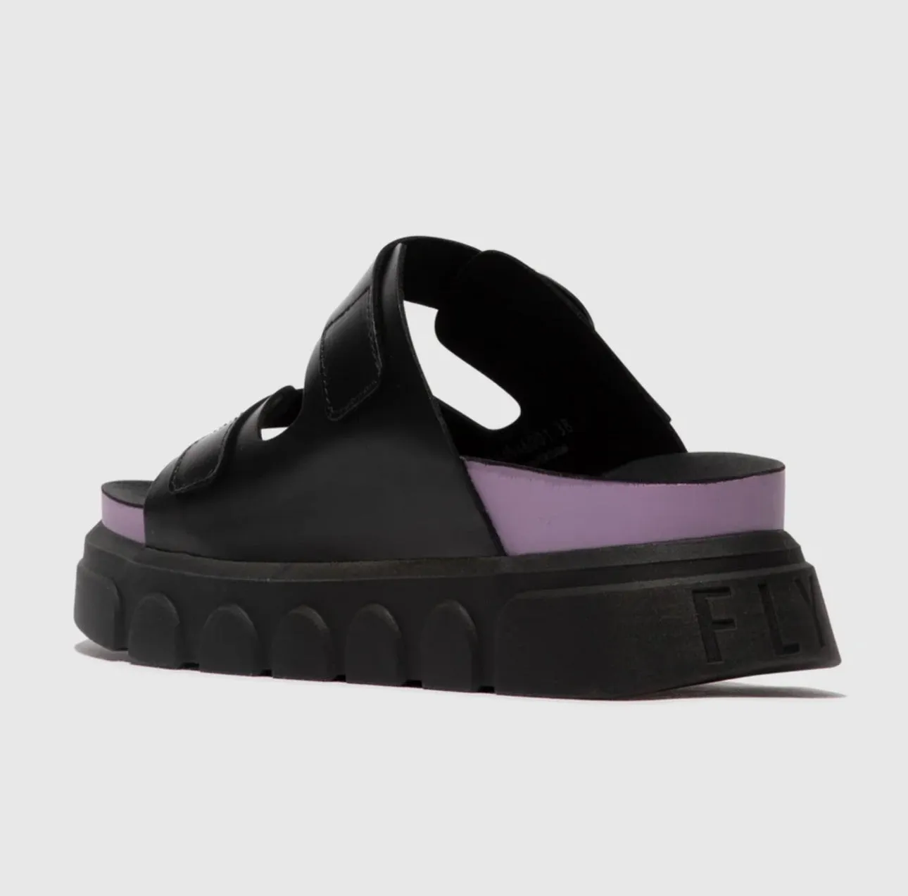 Fly London Cide946Fly Black Violet Bridle Leather 2 Buckle Mules Wedge Slide Made In Portugal