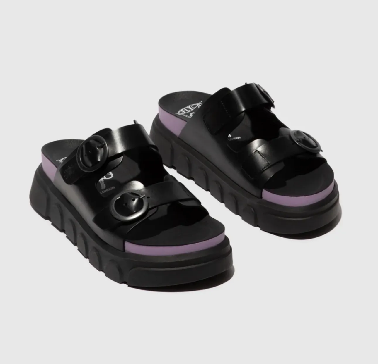 Fly London Cide946Fly Black Violet Bridle Leather 2 Buckle Mules Wedge Slide Made In Portugal