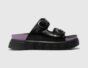Fly London Cide946Fly Black Violet Bridle Leather 2 Buckle Mules Wedge Slide Made In Portugal