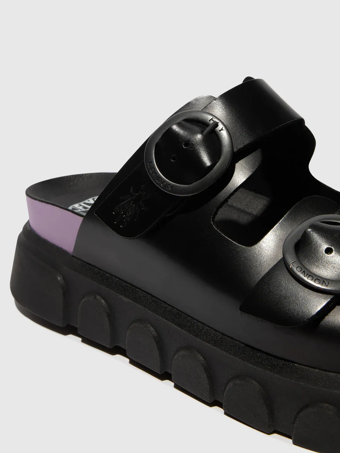 Fly London Cide946Fly Black Violet Bridle Leather 2 Buckle Mules Wedge Slide Made In Portugal