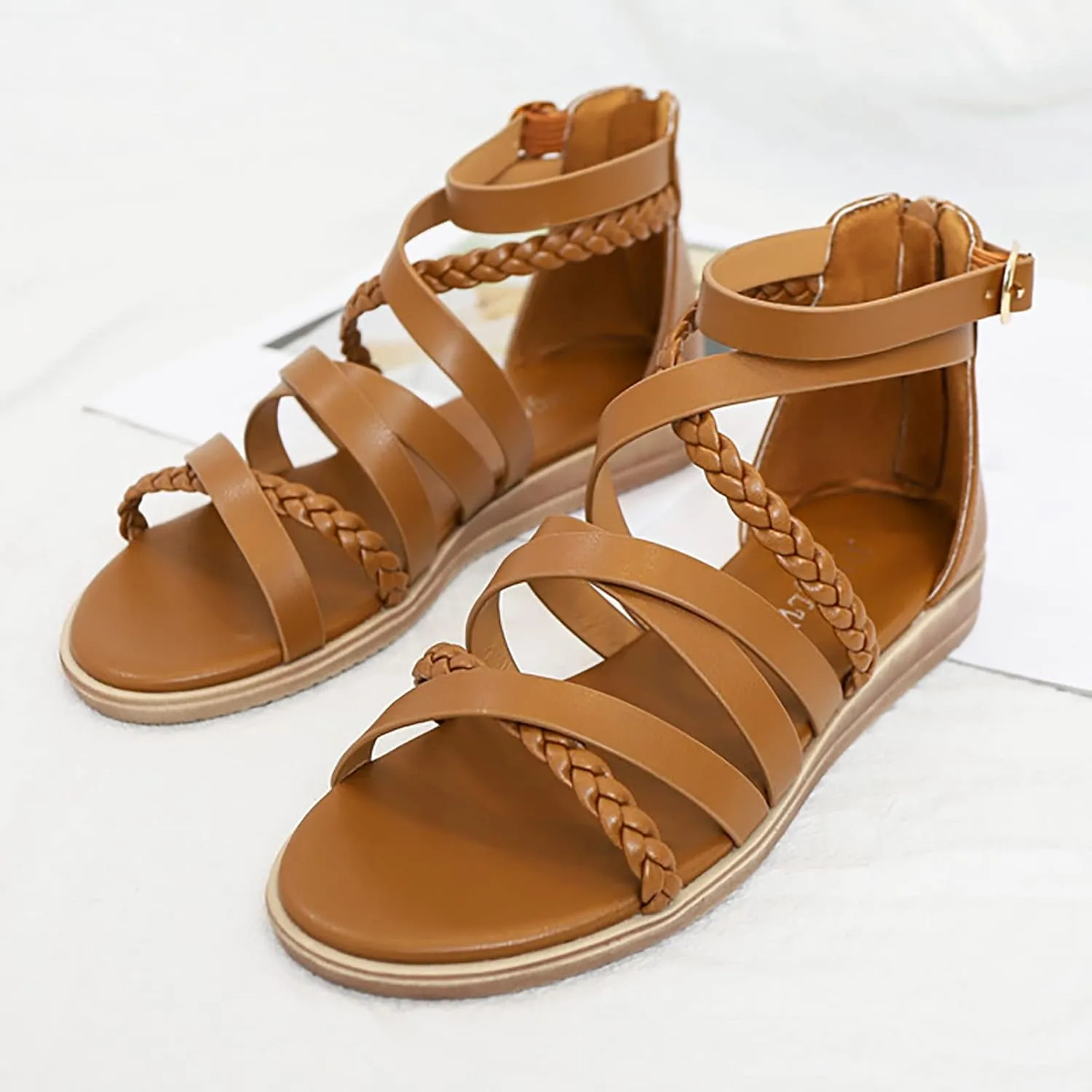 Gladiator Sandals for Women Summer Braided Strappy Flats Sandal Open Toe Ankle Strap Flats Sandalias Para Mujer Shoes