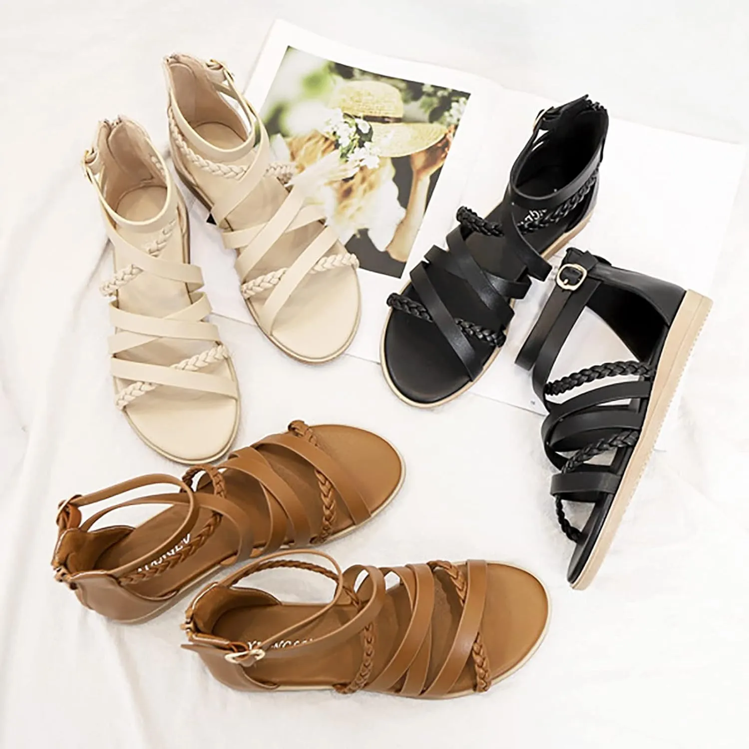 Gladiator Sandals for Women Summer Braided Strappy Flats Sandal Open Toe Ankle Strap Flats Sandalias Para Mujer Shoes