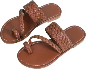 GORGLITTER Girl's Strappy Leather Flats Sandal Cute Braided Dressy Toe Ring Slip on Slide Sandals Brown 13.5