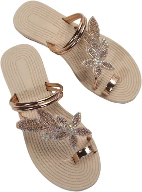 GORGLITTER Women's Butterfly Metallic Sandals Dressy Sparkly Rhinestone Strappy Toe Ring Slide Flats Sandal