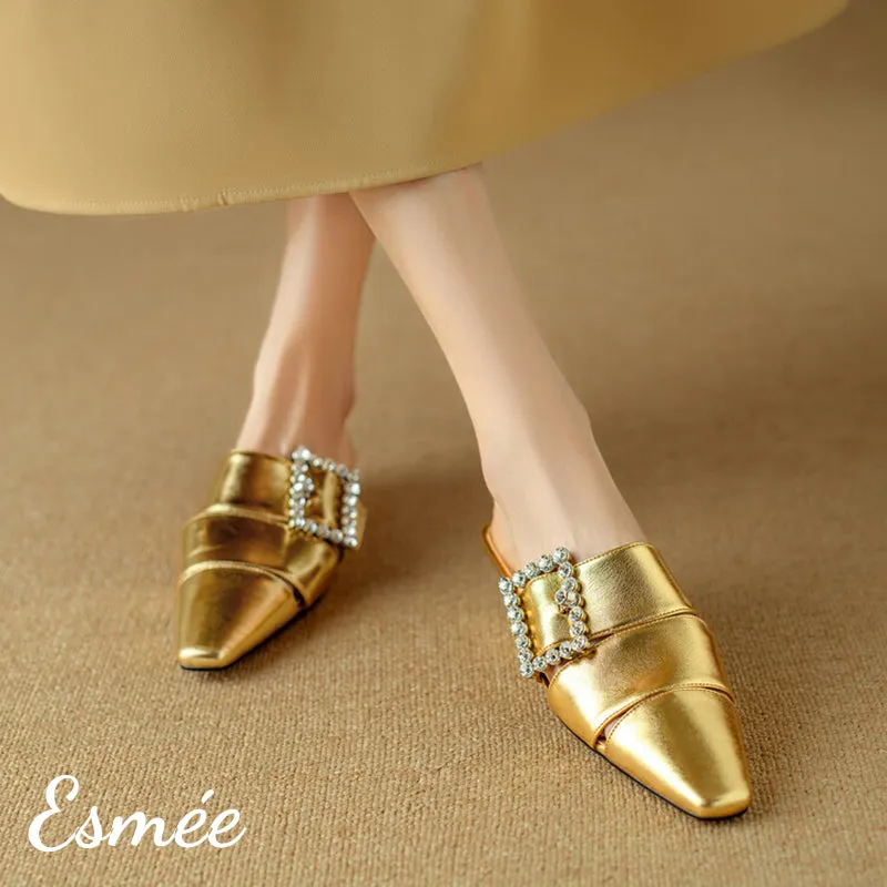 Leather Roman Mules with Diamond Buckle