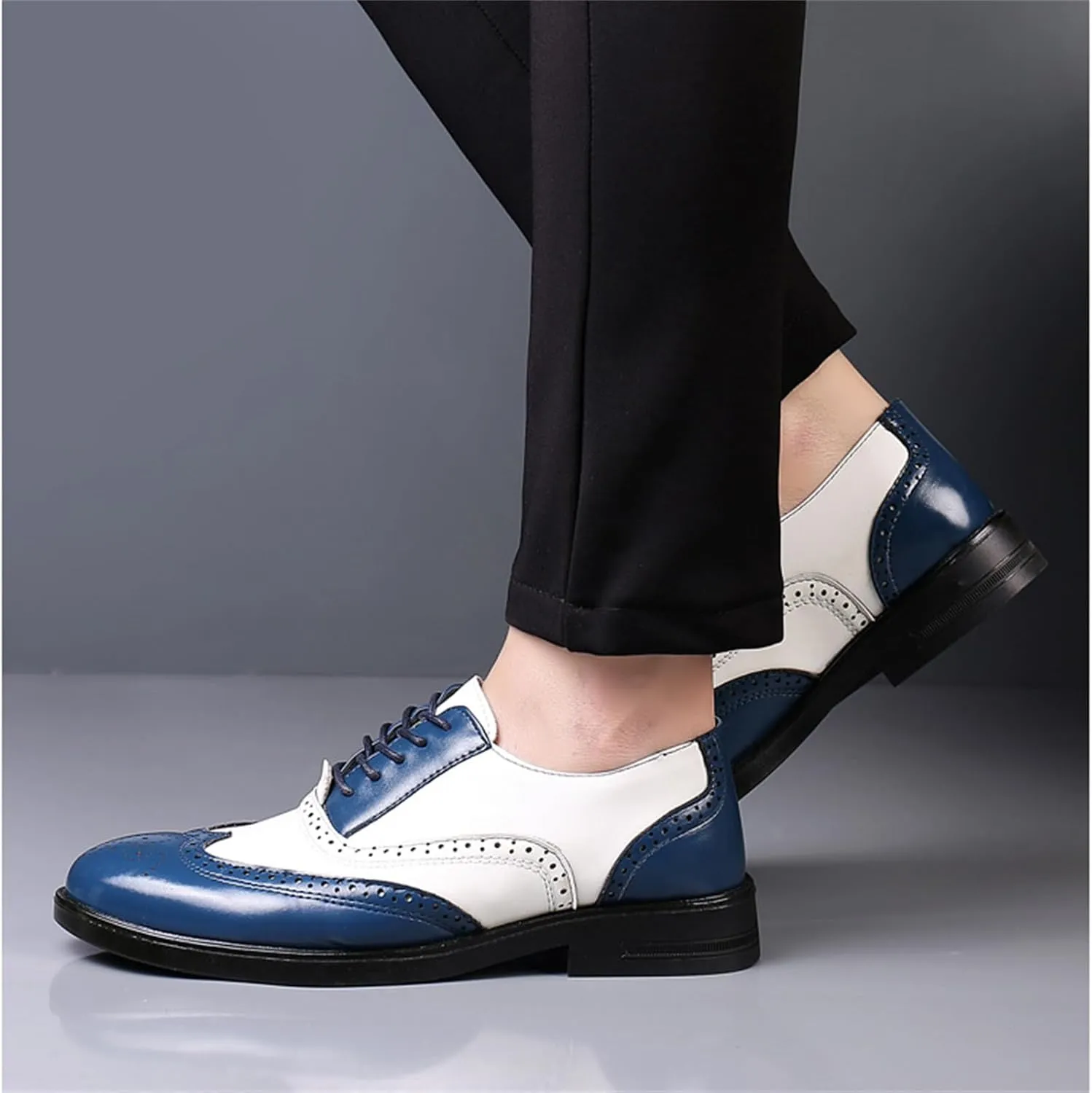 Mens Multicolor Leather Lace Up Brogues Dress Oxford Shoes Retro Two Tone Wingtip Carving Prom Derby Shoes Pointed Toe Business Formal Shoes
