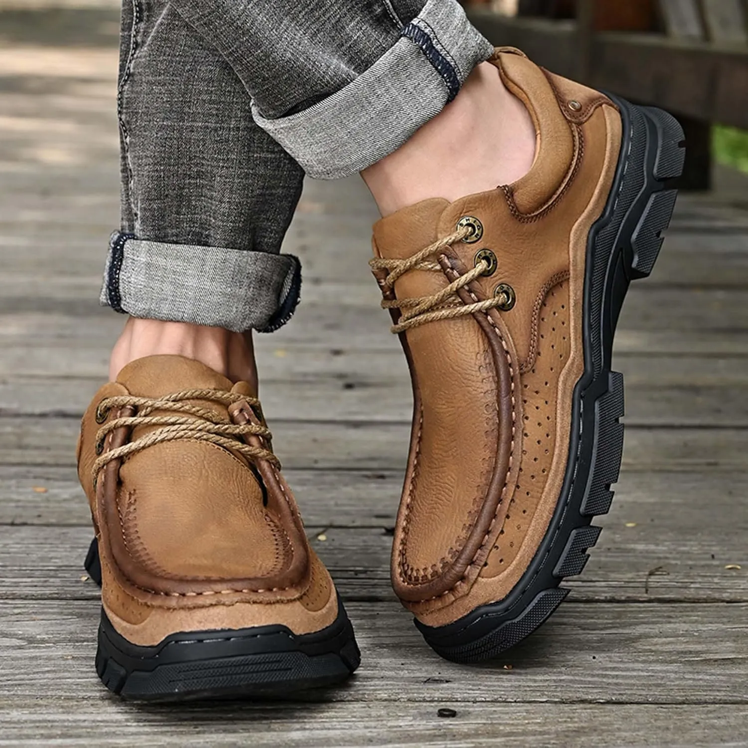 Men's Premium Casual Sneakers, Side Perforated Design, Leather Walking Sneakers, Driving Shoes, Outdoor Sneakers, Comfortable, Soft, Breathable, Non-Slip