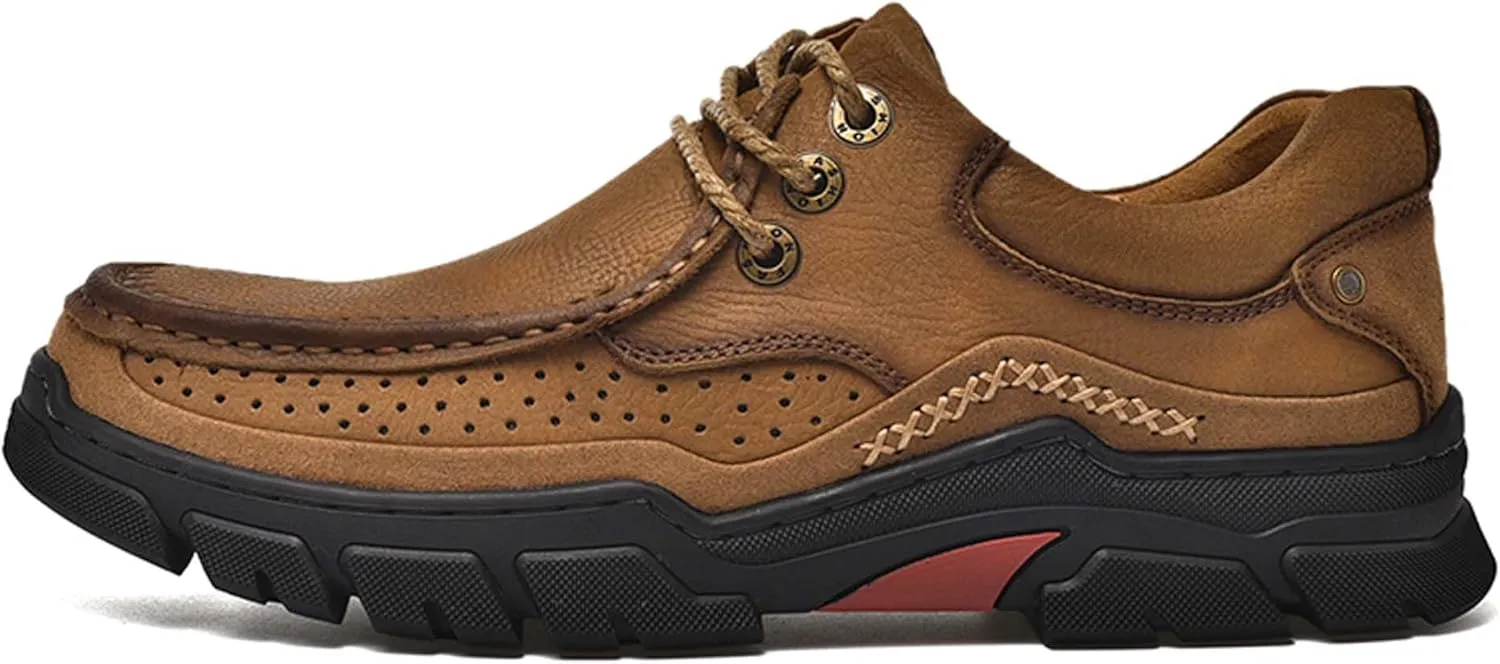 Men's Premium Casual Sneakers, Side Perforated Design, Leather Walking Sneakers, Driving Shoes, Outdoor Sneakers, Comfortable, Soft, Breathable, Non-Slip