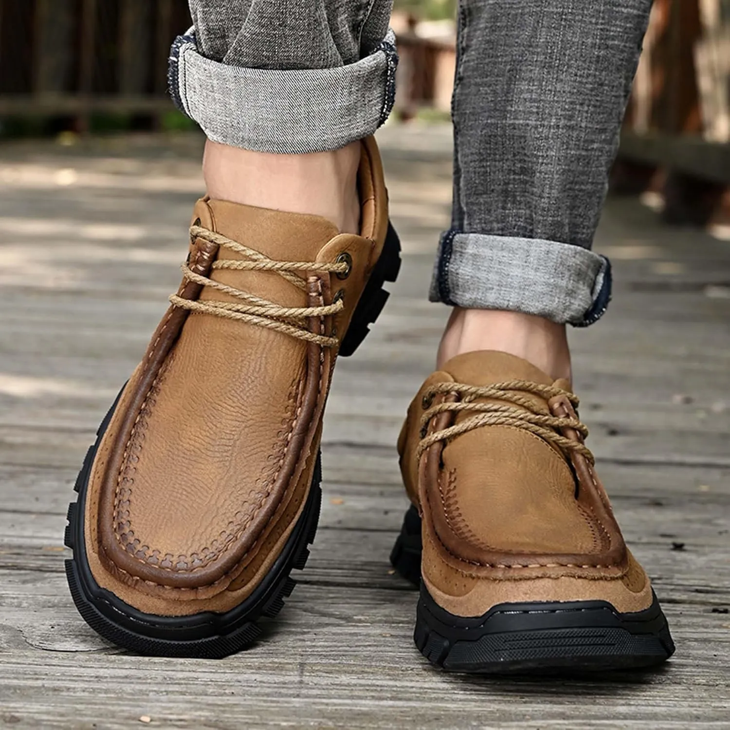 Men's Premium Casual Sneakers, Side Perforated Design, Leather Walking Sneakers, Driving Shoes, Outdoor Sneakers, Comfortable, Soft, Breathable, Non-Slip