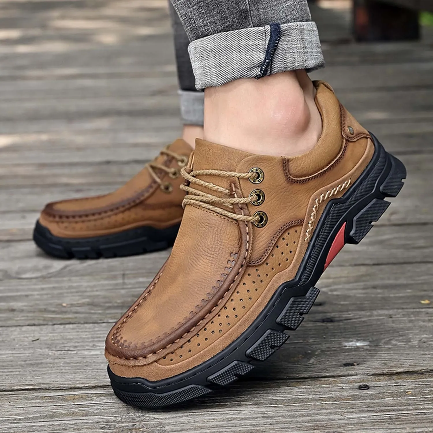 Men's Premium Casual Sneakers, Side Perforated Design, Leather Walking Sneakers, Driving Shoes, Outdoor Sneakers, Comfortable, Soft, Breathable, Non-Slip