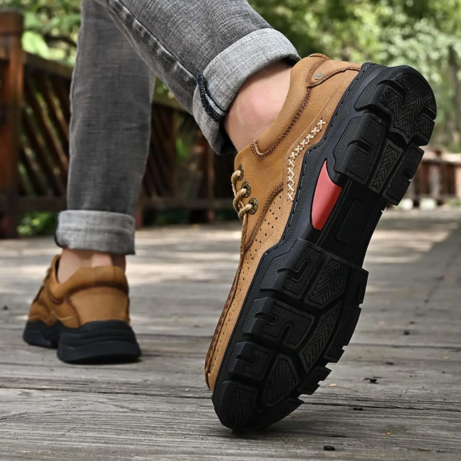 Men's Premium Casual Sneakers, Side Perforated Design, Leather Walking Sneakers, Driving Shoes, Outdoor Sneakers, Comfortable, Soft, Breathable, Non-Slip