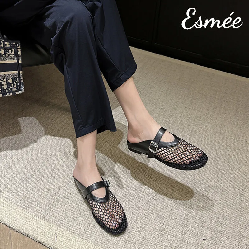 Net Mules with Leather Straps