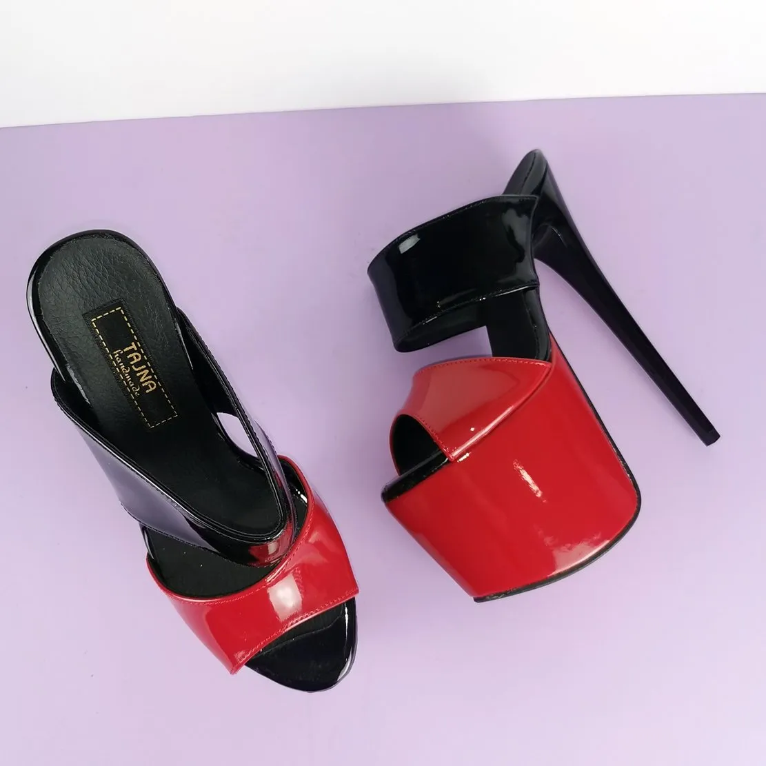 Red Black Patent Platform Mules