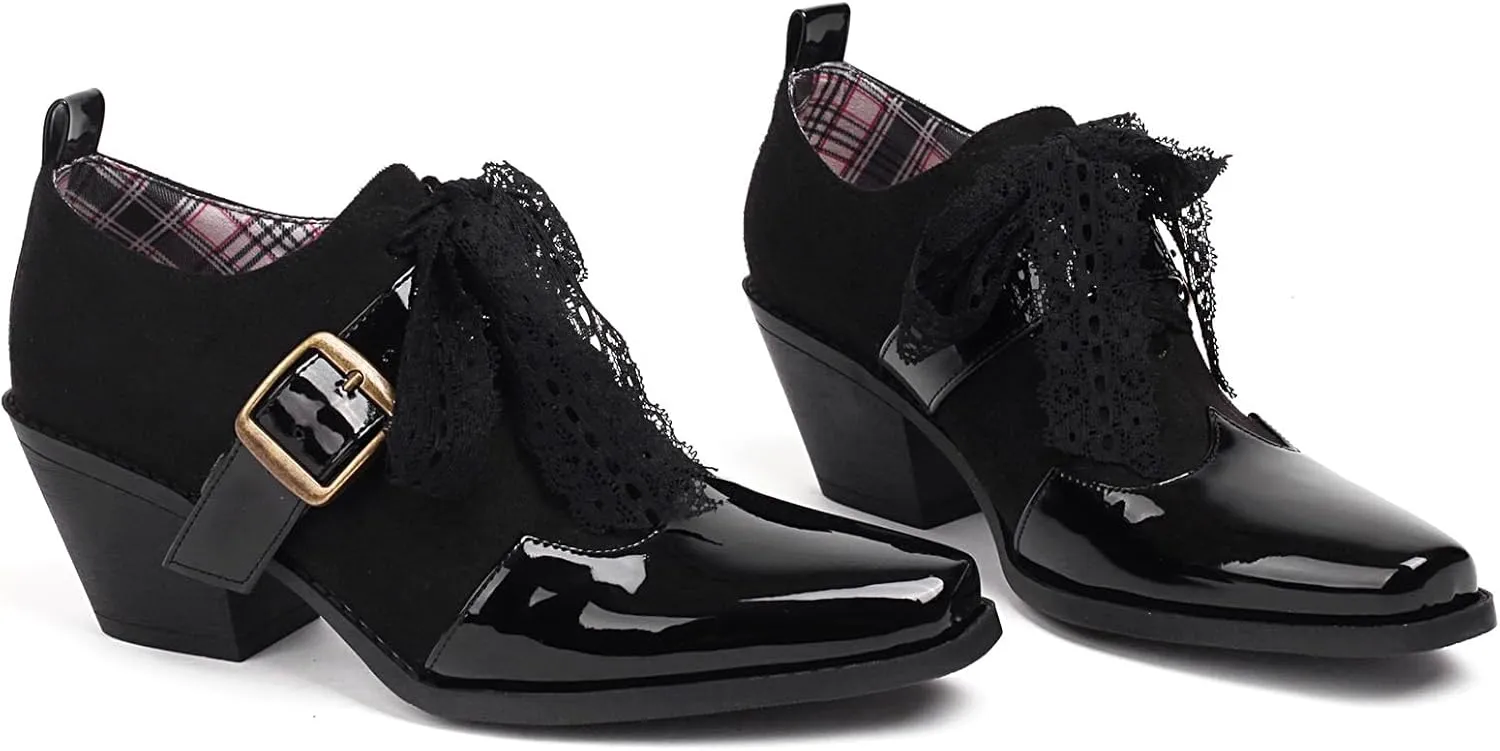 SHEMEE Women's Monk Strap Oxfords Loafers Shoes Chunky Heels Almond Square Toe Vintage Wingtip Brogues British Buckled Business Dress Pumps