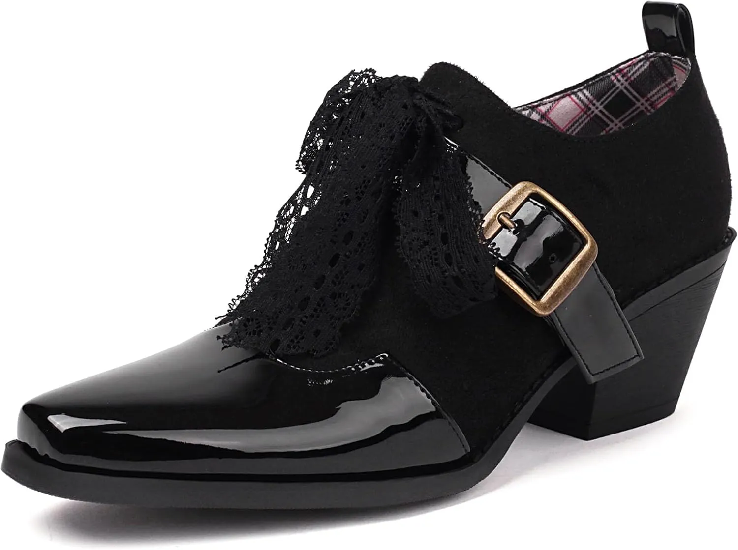 SHEMEE Women's Monk Strap Oxfords Loafers Shoes Chunky Heels Almond Square Toe Vintage Wingtip Brogues British Buckled Business Dress Pumps