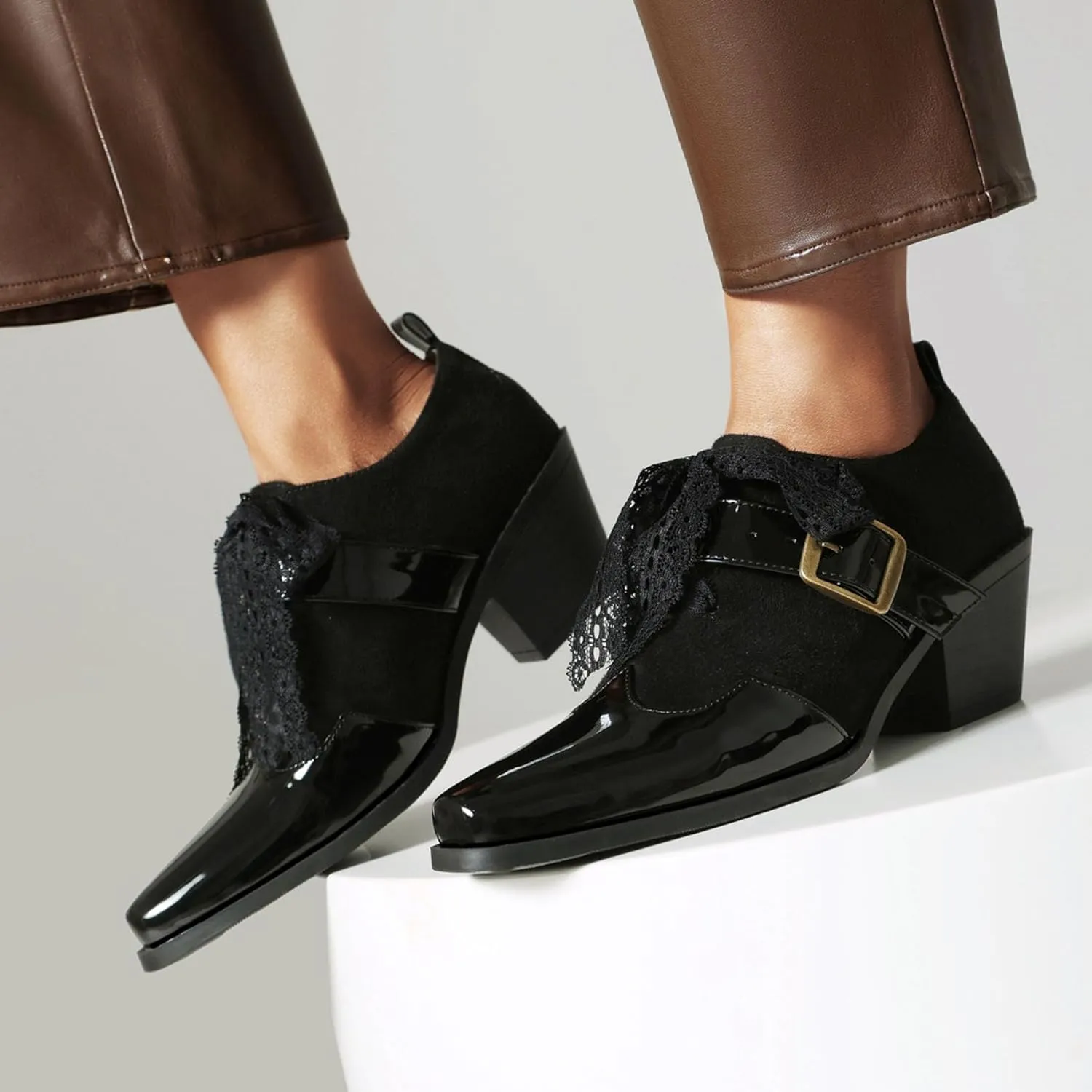 SHEMEE Women's Monk Strap Oxfords Loafers Shoes Chunky Heels Almond Square Toe Vintage Wingtip Brogues British Buckled Business Dress Pumps