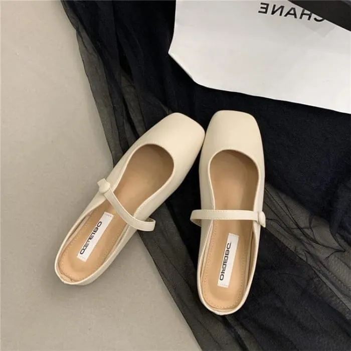 Square Toe Plain Faux Leather Mary Jane Flat Mules