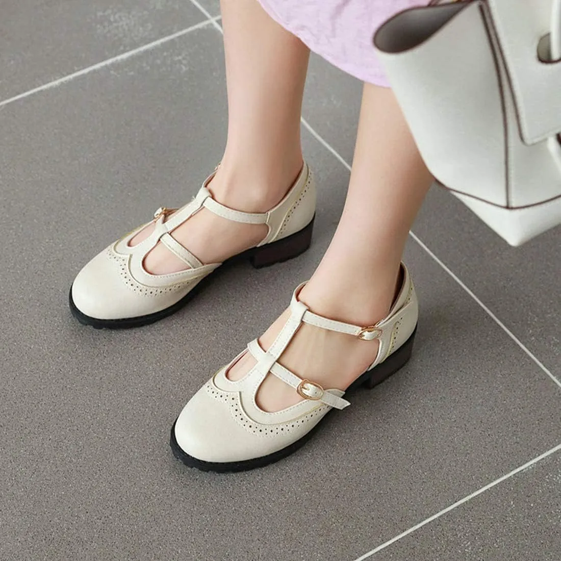 VOKLIN Women's Vintage T-Strap Mary Jane Pumps Round Toe Platform Chunky Low Heel Brogues Oxford Dress Shoes