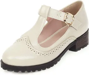 VOKLIN Women's Vintage T-Strap Mary Jane Pumps Round Toe Platform Chunky Low Heel Brogues Oxford Dress Shoes