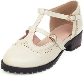 VOKLIN Women's Vintage T-Strap Mary Jane Pumps Round Toe Platform Chunky Low Heel Brogues Oxford Dress Shoes