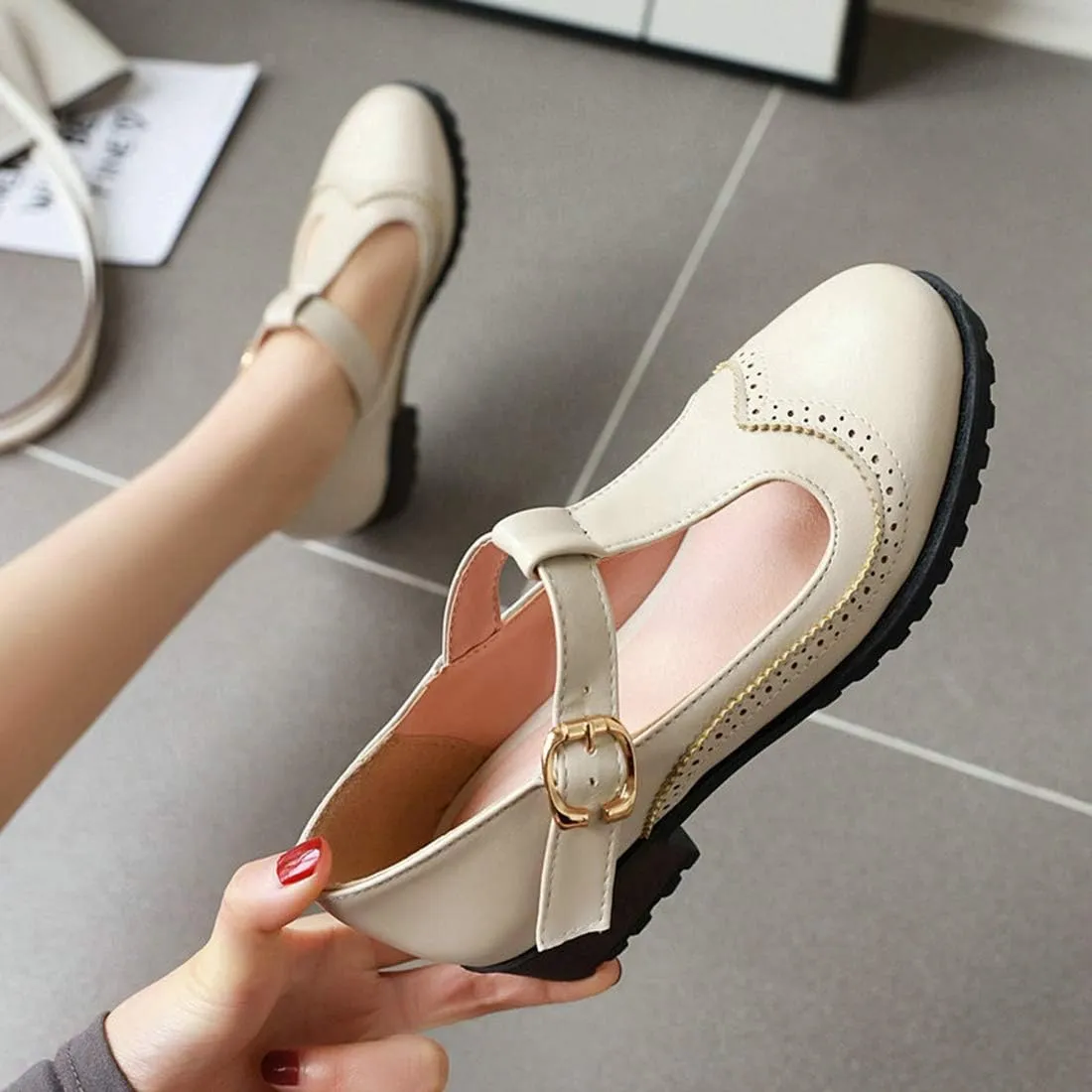 VOKLIN Women's Vintage T-Strap Mary Jane Pumps Round Toe Platform Chunky Low Heel Brogues Oxford Dress Shoes