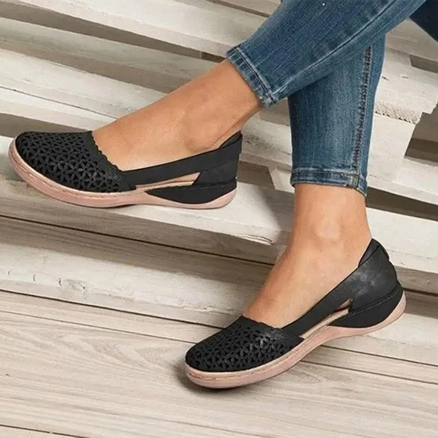 Wide Width Flats for Women Comfortable Closed Toe Casual Hollow Out Sandals Breathable Orthotic Wedge Sandals Arch Support Slip on Flats Lightweight Walking Beach Shoes
