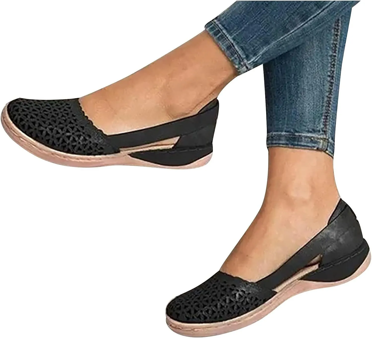Wide Width Flats for Women Comfortable Closed Toe Casual Hollow Out Sandals Breathable Orthotic Wedge Sandals Arch Support Slip on Flats Lightweight Walking Beach Shoes