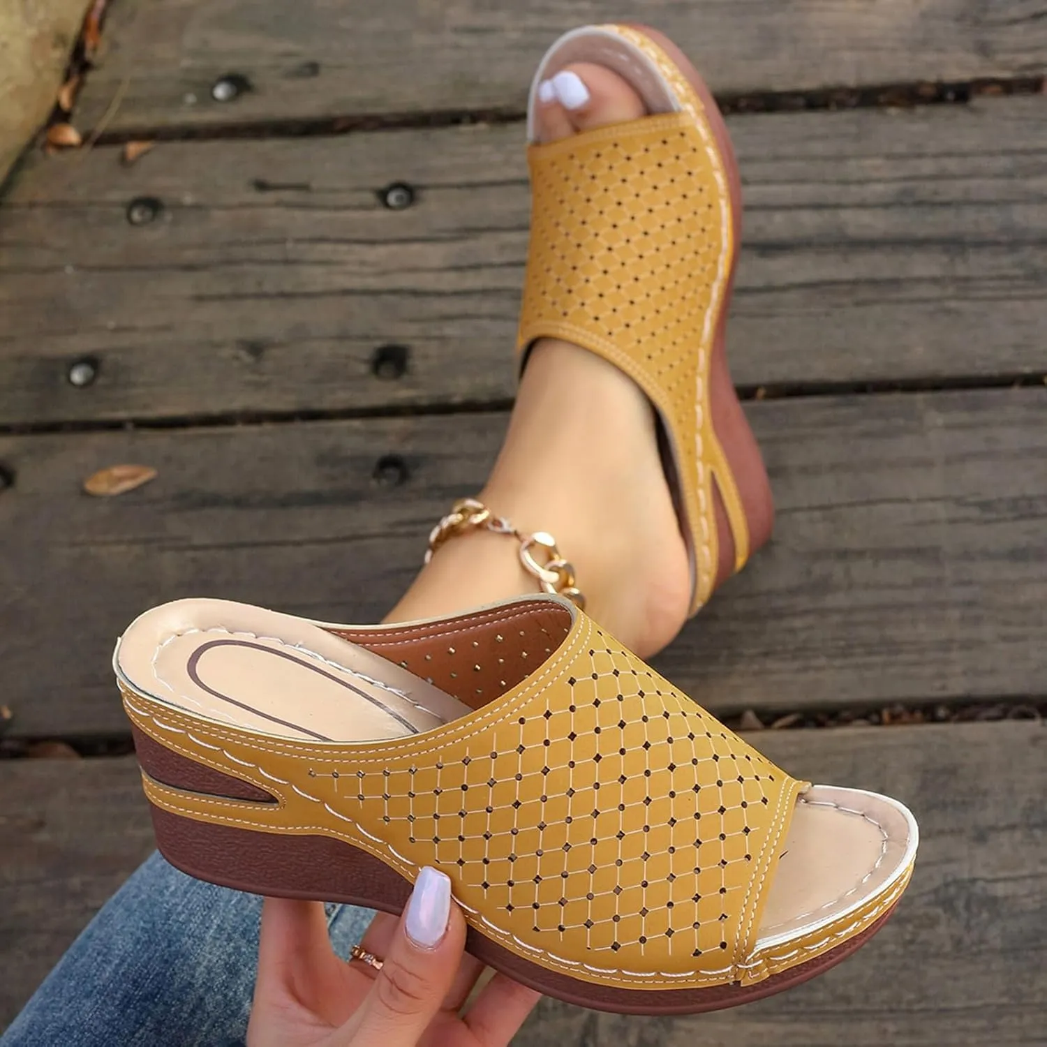 Women Wedge Sandals Open Toe Slip On Bohemian Platforms PU Leather Dressy Summer Sandals Comfortable Walking Shoes