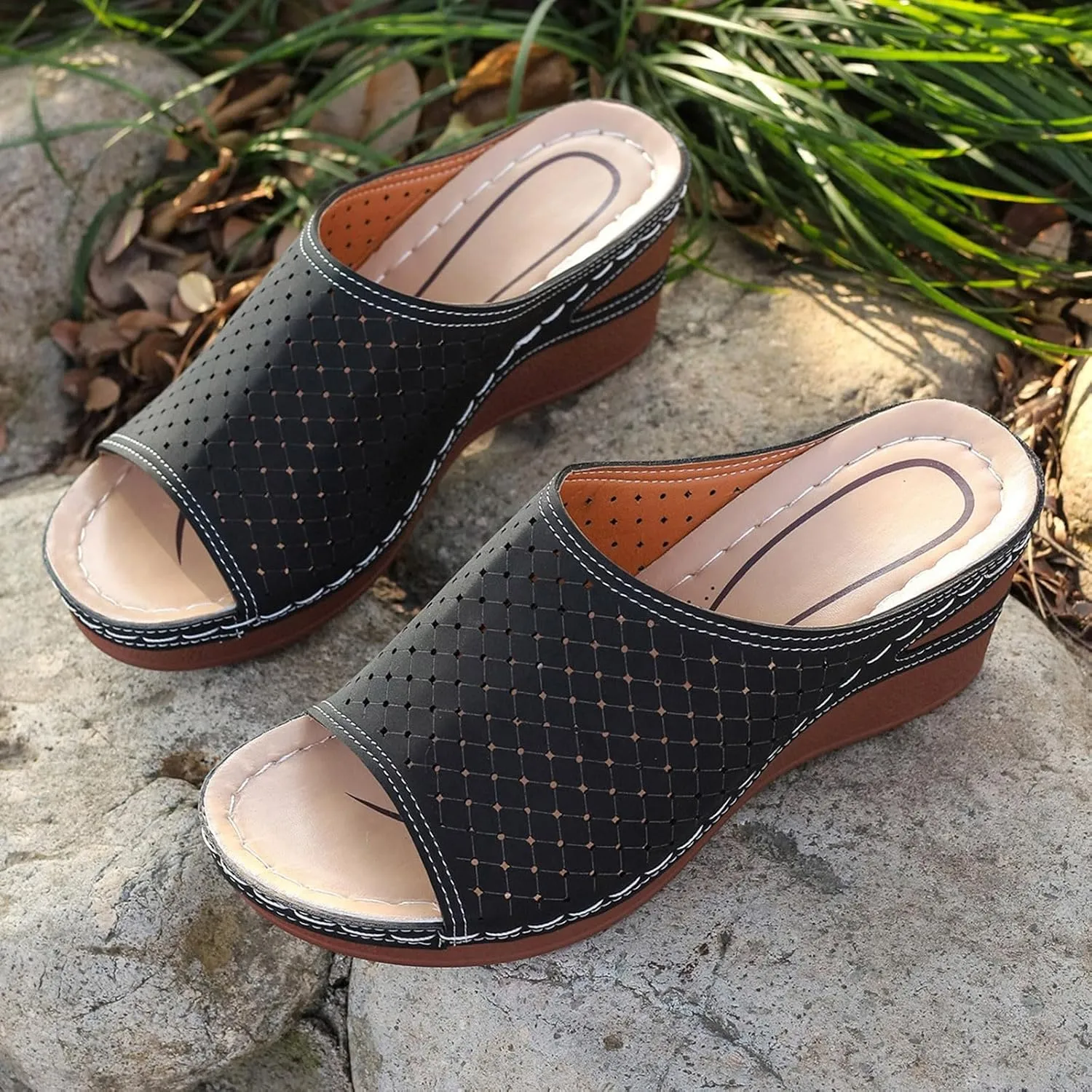 Women Wedge Sandals Open Toe Slip On Bohemian Platforms PU Leather Dressy Summer Sandals Comfortable Walking Shoes