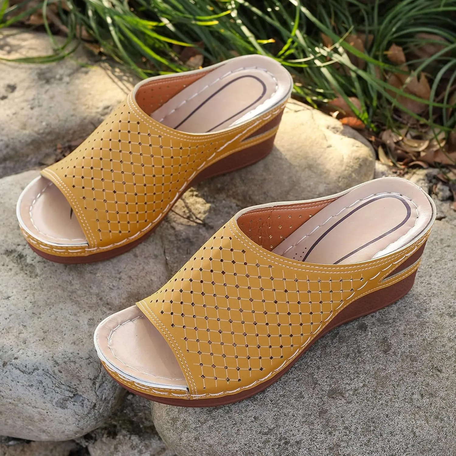 Women Wedge Sandals Open Toe Slip On Bohemian Platforms PU Leather Dressy Summer Sandals Comfortable Walking Shoes