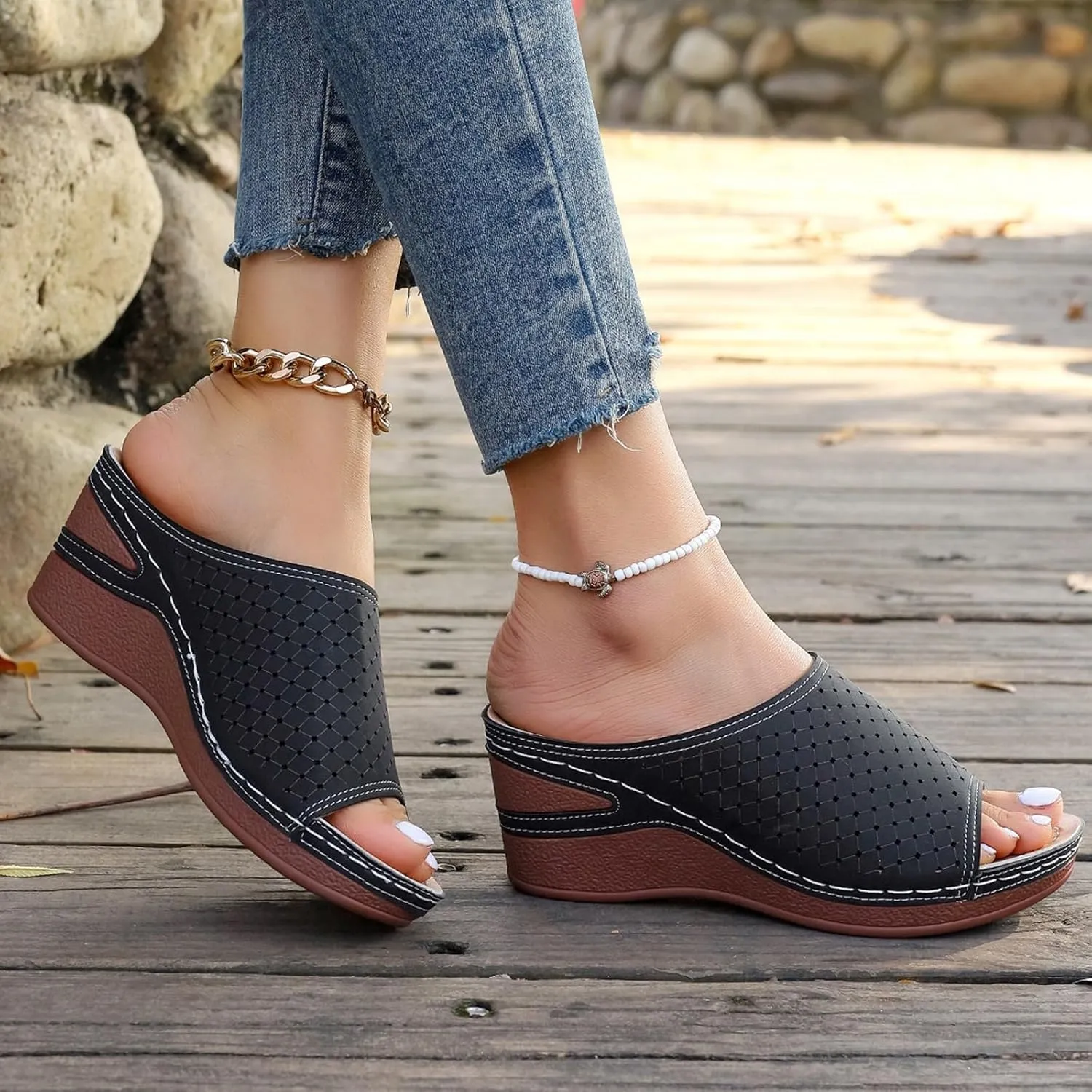 Women Wedge Sandals Open Toe Slip On Bohemian Platforms PU Leather Dressy Summer Sandals Comfortable Walking Shoes