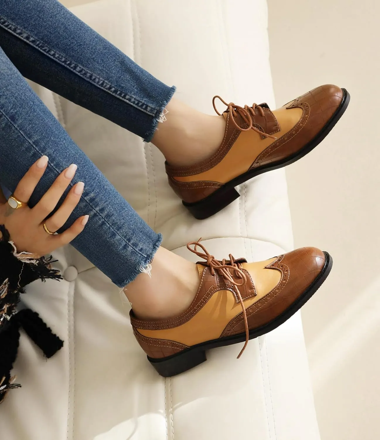 Women's Lace up Brogue Oxford Western Shoes Closed Round Toe Concise Party Comfortable Business Oxfords Chunky Dating Wedding Vintage Wingtip Low Block All Weather Heels
