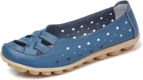 Womens Loafers Comfortable Dressy Slip-On Leather Flats Shoes Comfort Casual Walking Driving Flats Loafers Hollow Out Breathable Vacation Sandals for Women