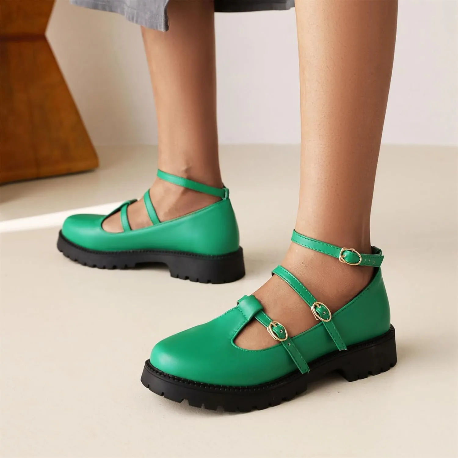 Women's Platform Round Closed Toe Pumps Hollow Buckle Loafers Comfortable Chunky Low Heels Office Concise Cosplay Work Casual Mary Jane Daily Wear Fashion Business Dress Shoes