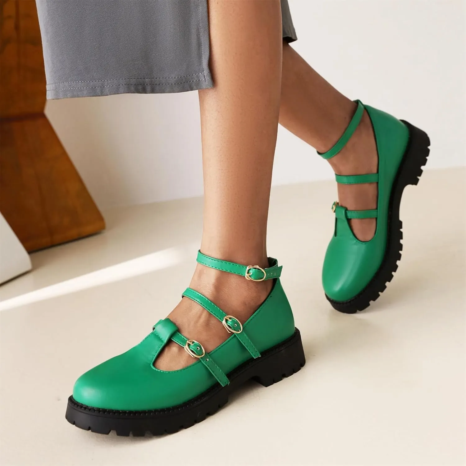 Women's Platform Round Closed Toe Pumps Hollow Buckle Loafers Comfortable Chunky Low Heels Office Concise Cosplay Work Casual Mary Jane Daily Wear Fashion Business Dress Shoes