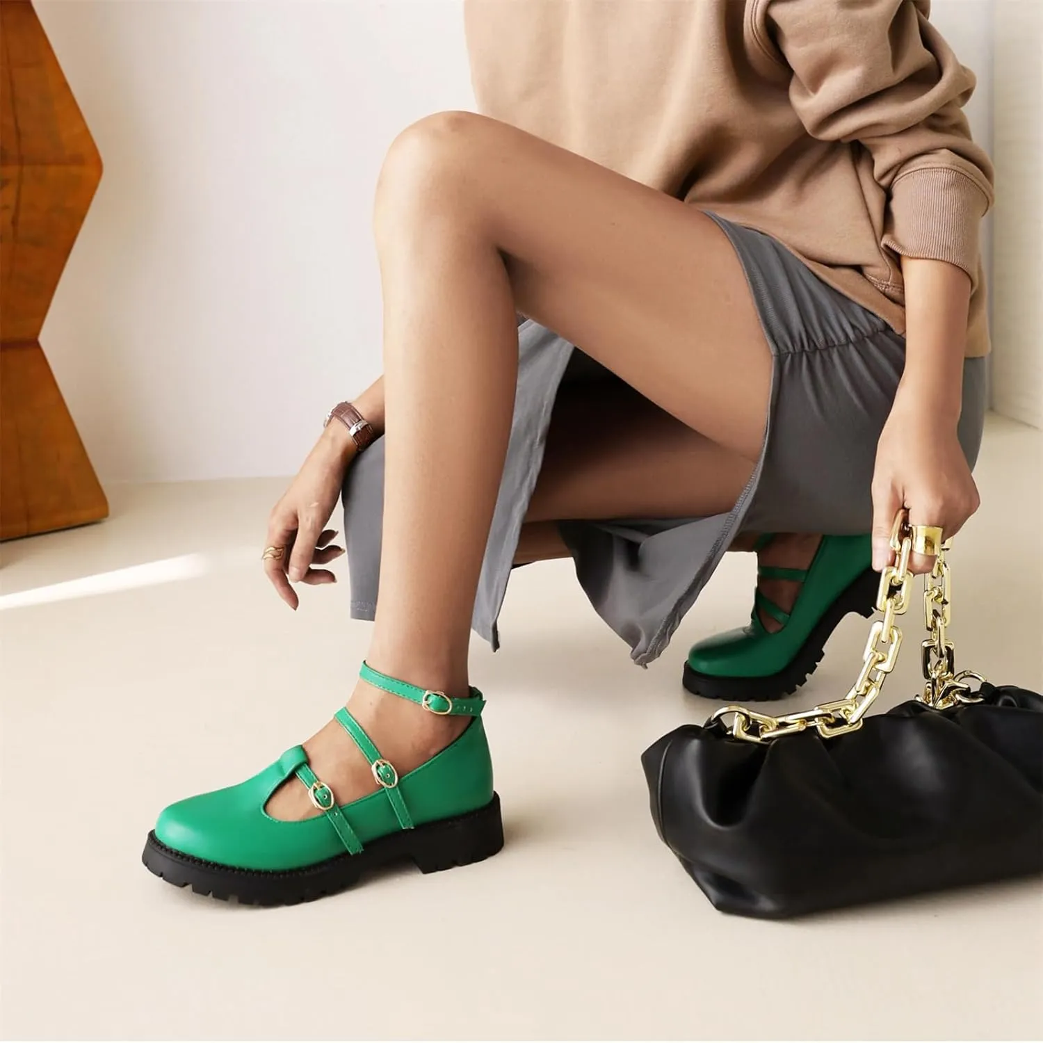 Women's Platform Round Closed Toe Pumps Hollow Buckle Loafers Comfortable Chunky Low Heels Office Concise Cosplay Work Casual Mary Jane Daily Wear Fashion Business Dress Shoes