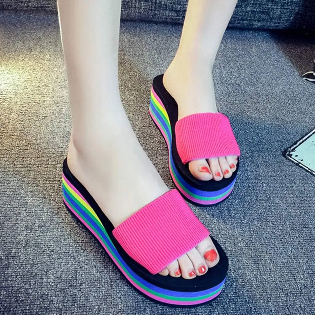 Women’s Rainbow Platform Wedge Sandals Open Toe Casual Summer High Heel Slides Sandal Slip On Y2k Beach Slippers